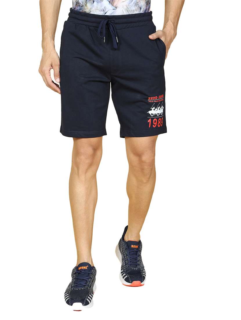 men navy blue typography cotton short