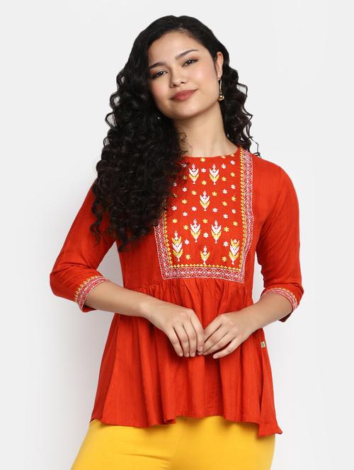 women orange boat neck a-line kurti - 20256454 - Standard Image - 0