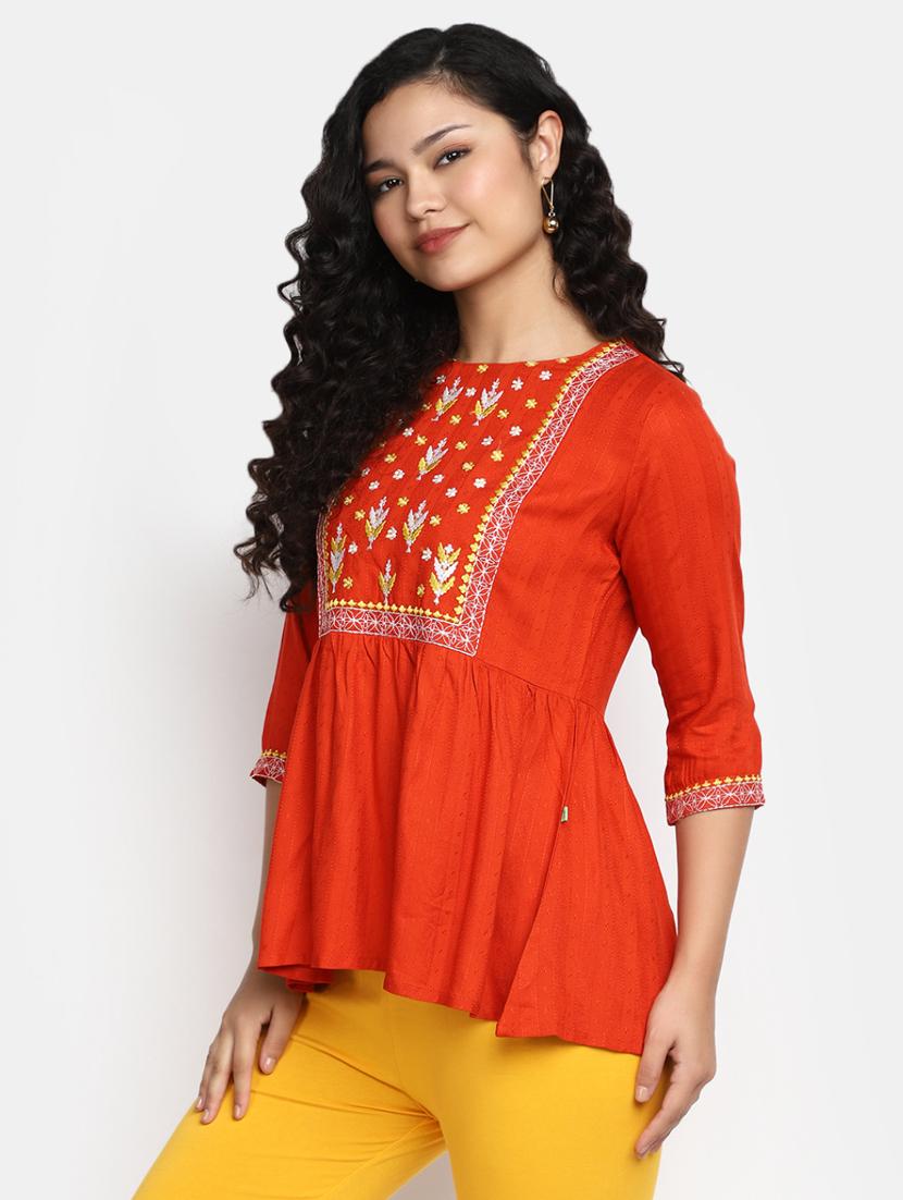 women orange boat neck a-line kurti - 20256454 - Standard Image - 2