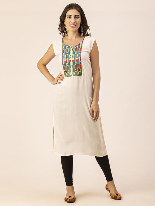women off-white notch neck straight kurta - 20256504 -  Standard Image - 0