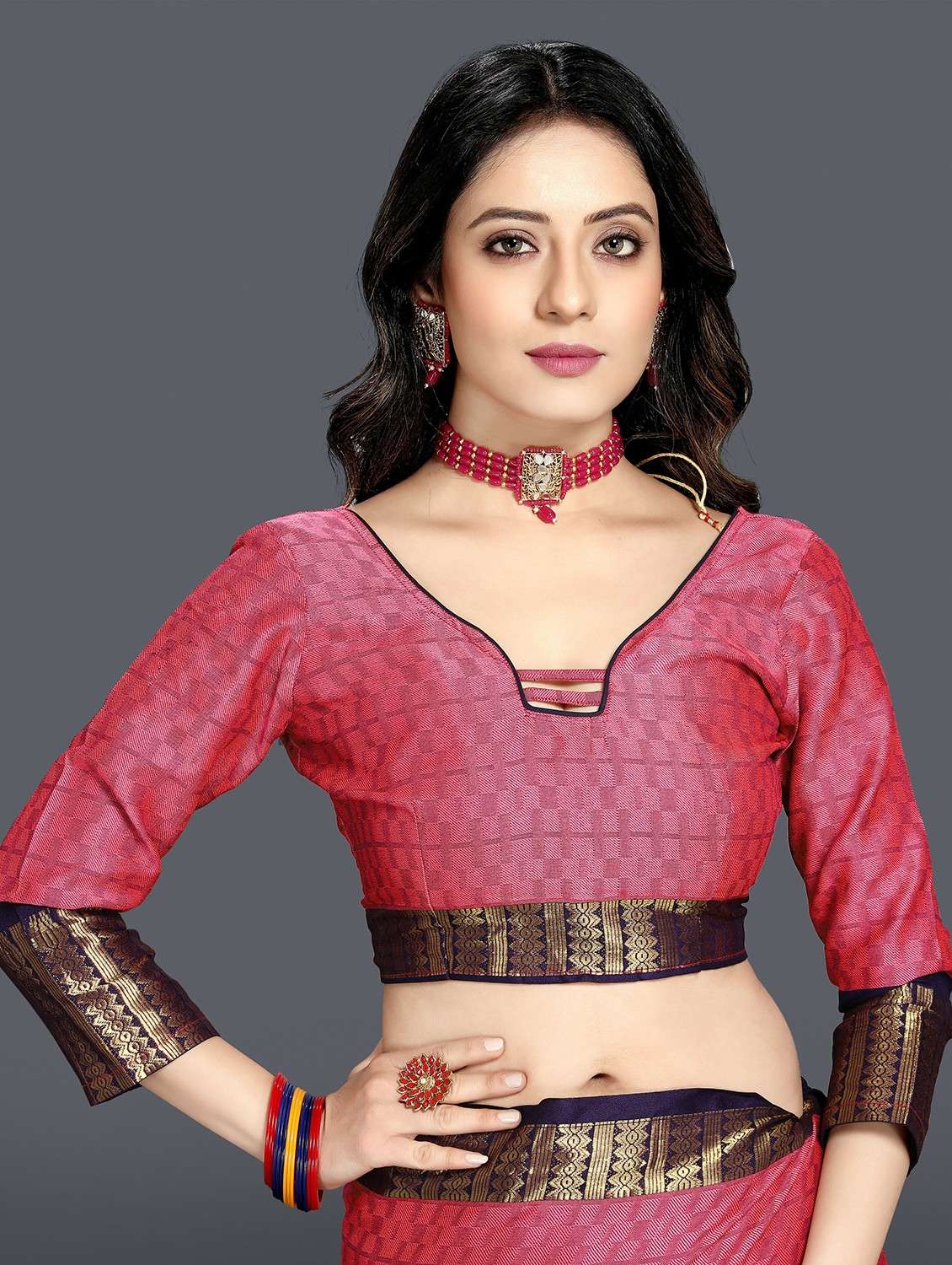 women's geometric pink colored saree with blouse - 20260622 - Standard Image - 2