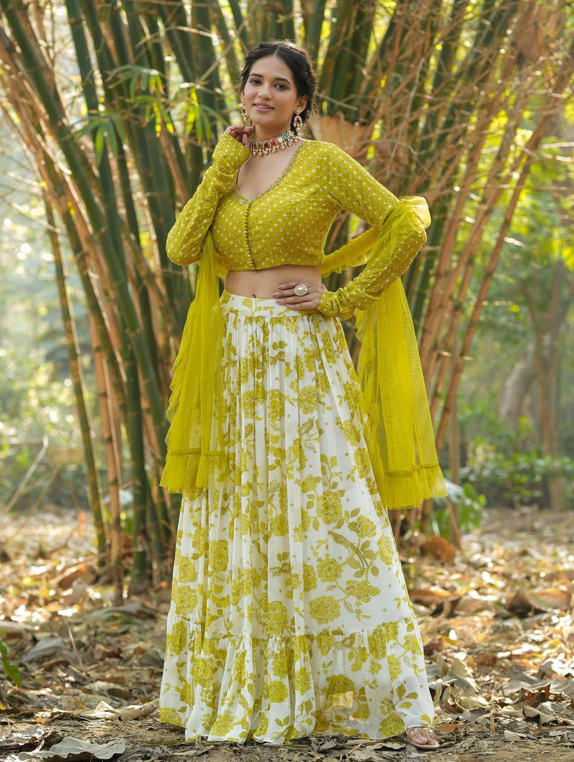 green flared stitched lehenga - 20261594 - Standard Image - 2