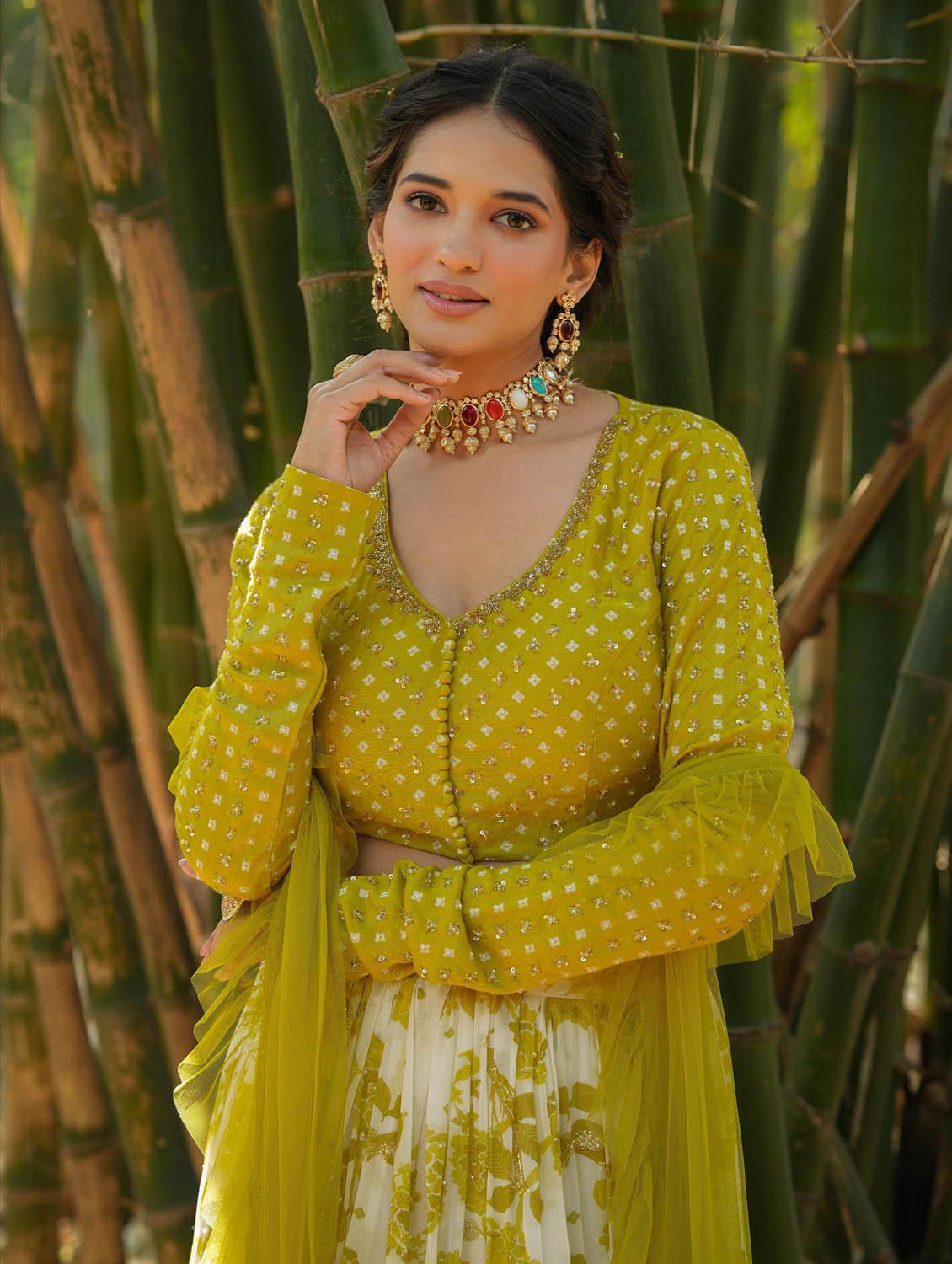 green flared stitched lehenga - 20261594 - Standard Image - 7