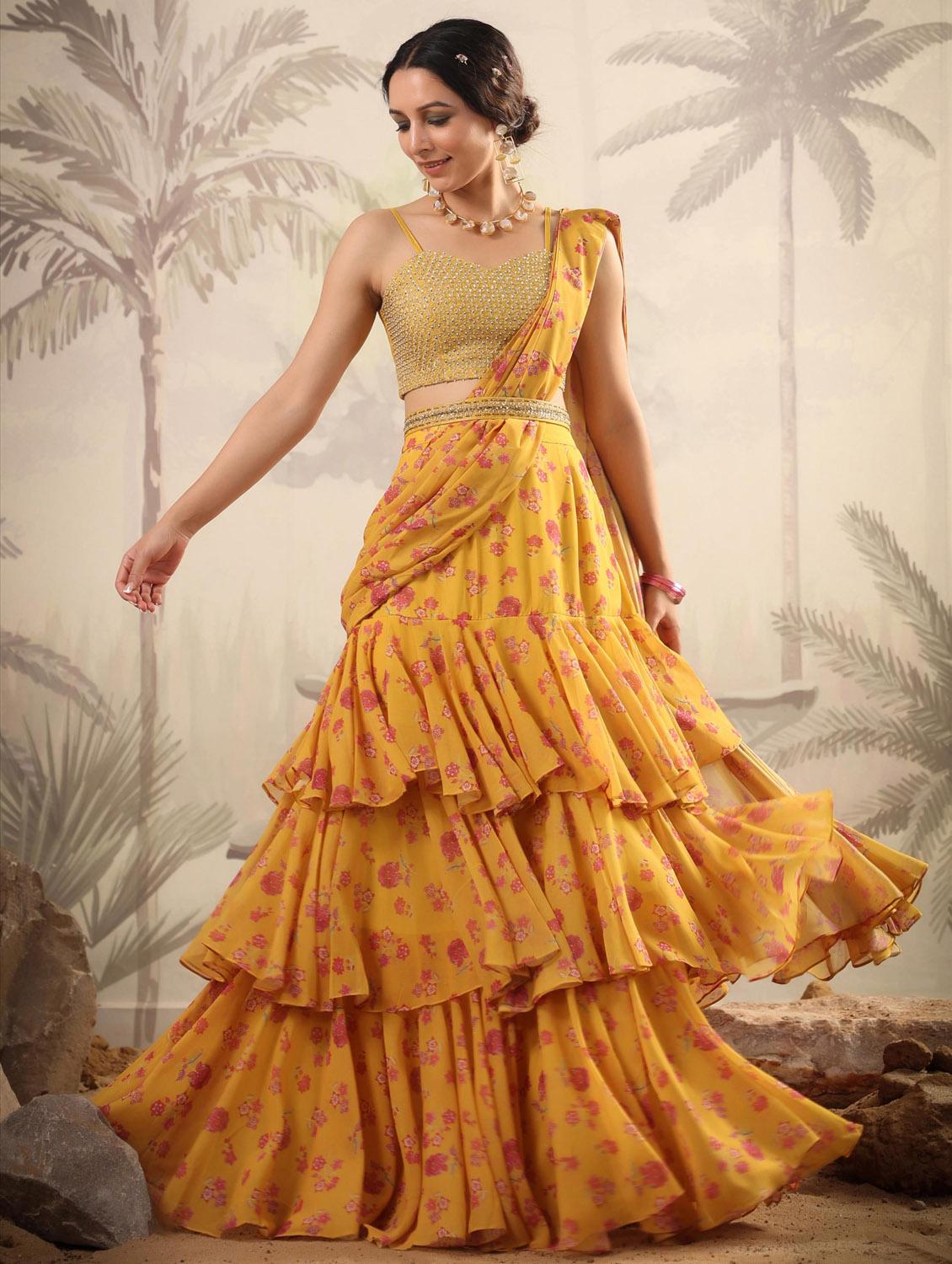 yellow floral print ruffle draped saree - 20261647 - Standard Image - 2