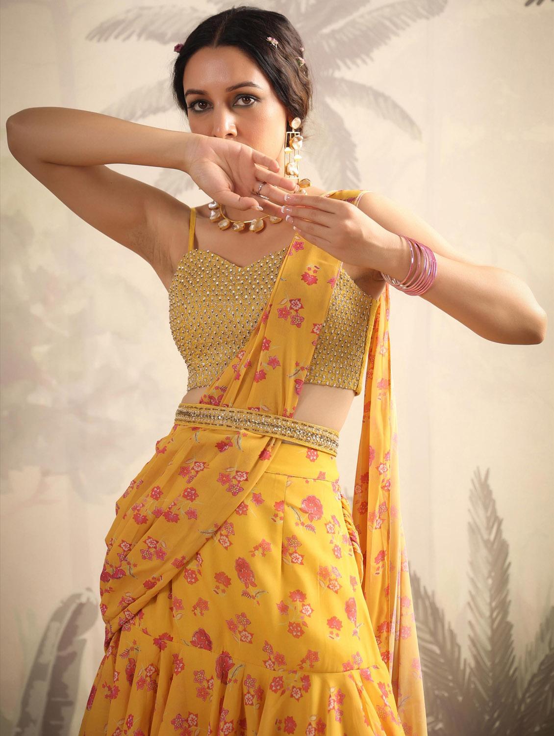 yellow floral print ruffle draped saree - 20261647 - Standard Image - 7