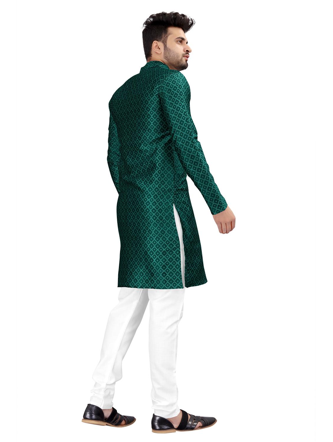 men green jacquard cotton kurta white pyjama ethnic wear set - 20264584 - Standard Image - 2