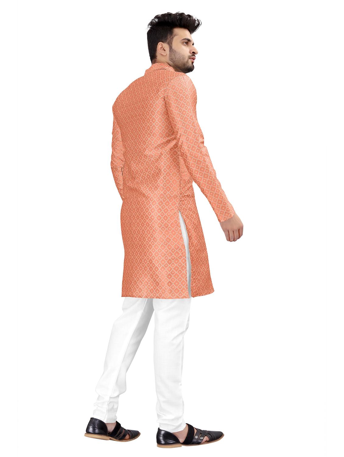 men peach cotton kurta white pyjama ethnic wear set - 20264586 - Standard Image - 2