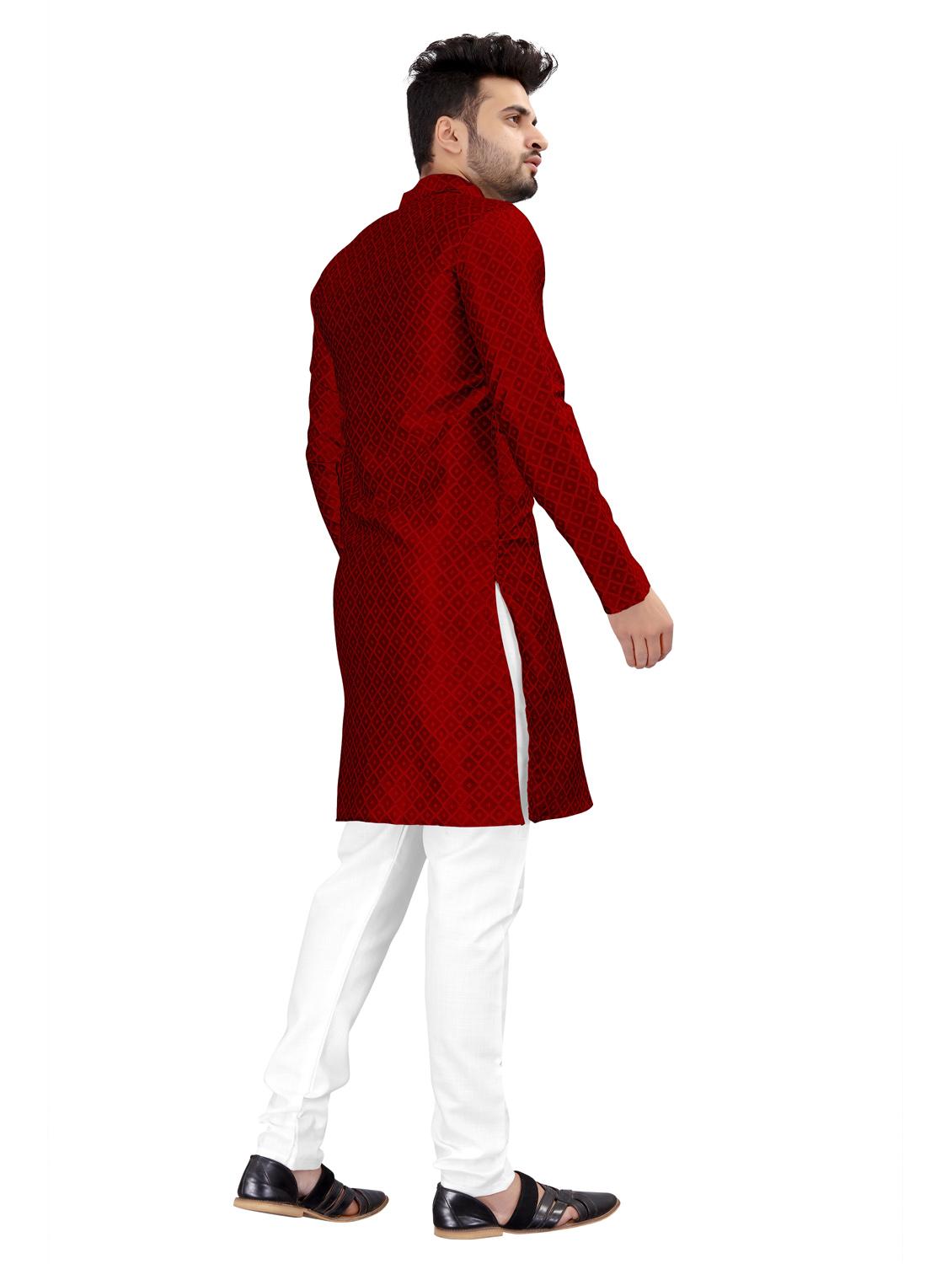 men red jacquard work cotton kurta white pyjama ethnic wear set - 20264589 - Standard Image - 2