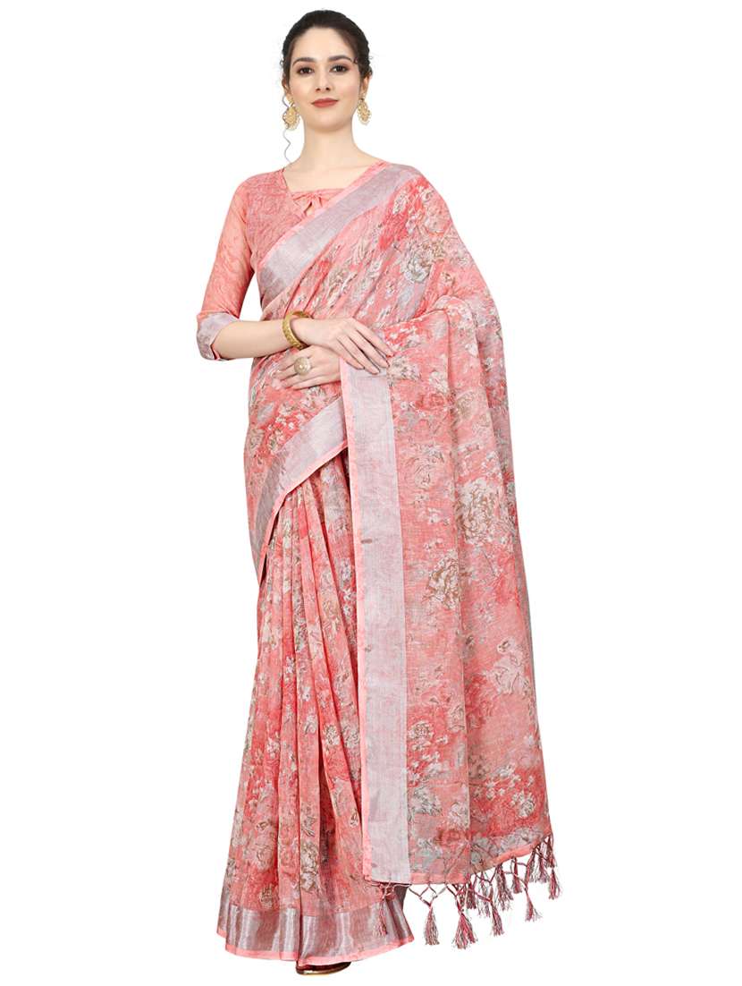women's floral pink colored saree with blouse