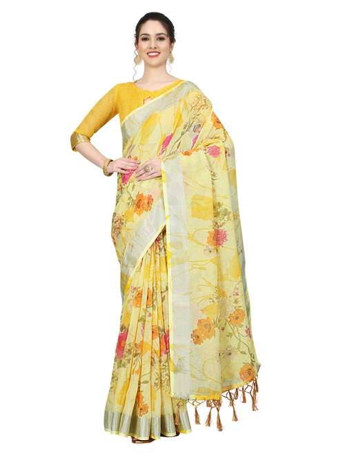 women's floral yellow colored saree with blouse