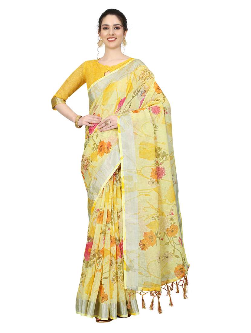 women's floral yellow colored saree with blouse