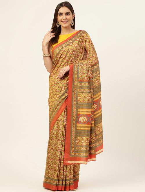 women's printed mehandi colored saree with blouse - 20264655 -  Standard Image - 0