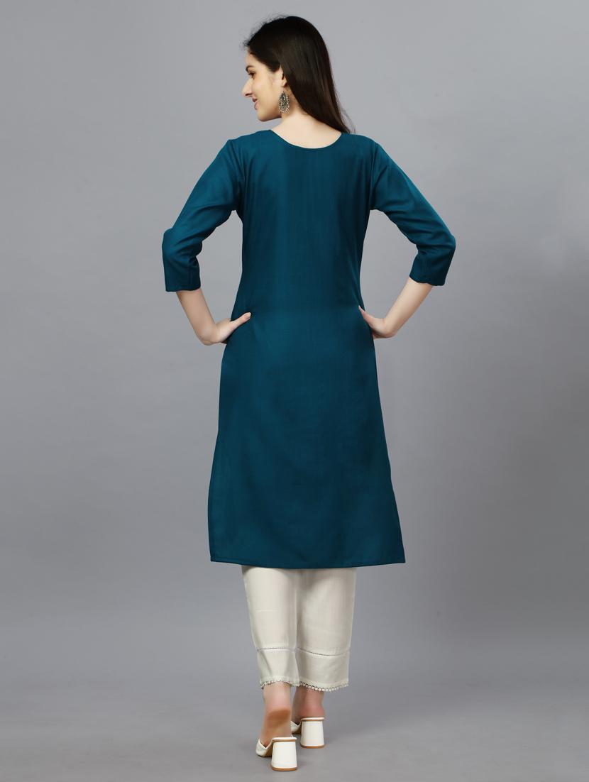 teal embroidered straight kurta - 20264925 - Standard Image - 2
