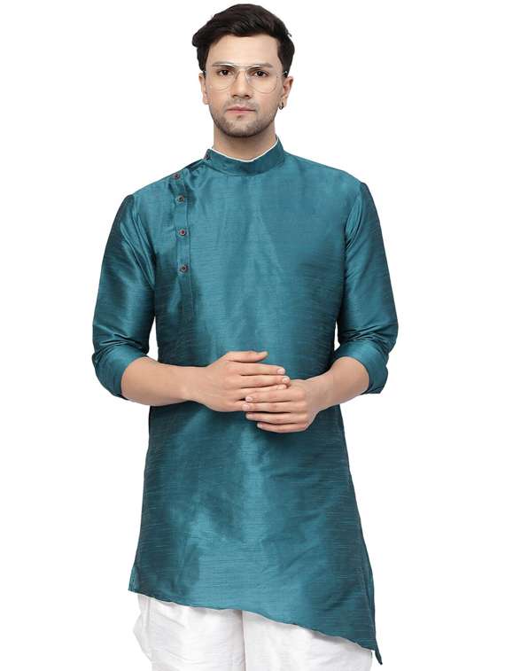 men mandarin neck solid asymmetric short kurta
