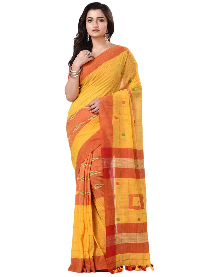 women's self design mustard colored saree with blouse
