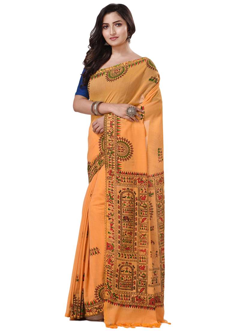 women's printed orange colored saree with blouse