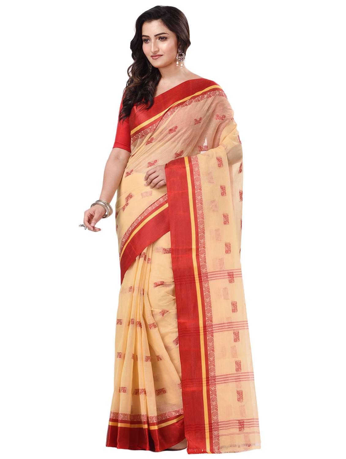 women's self design cream colored saree with blouse