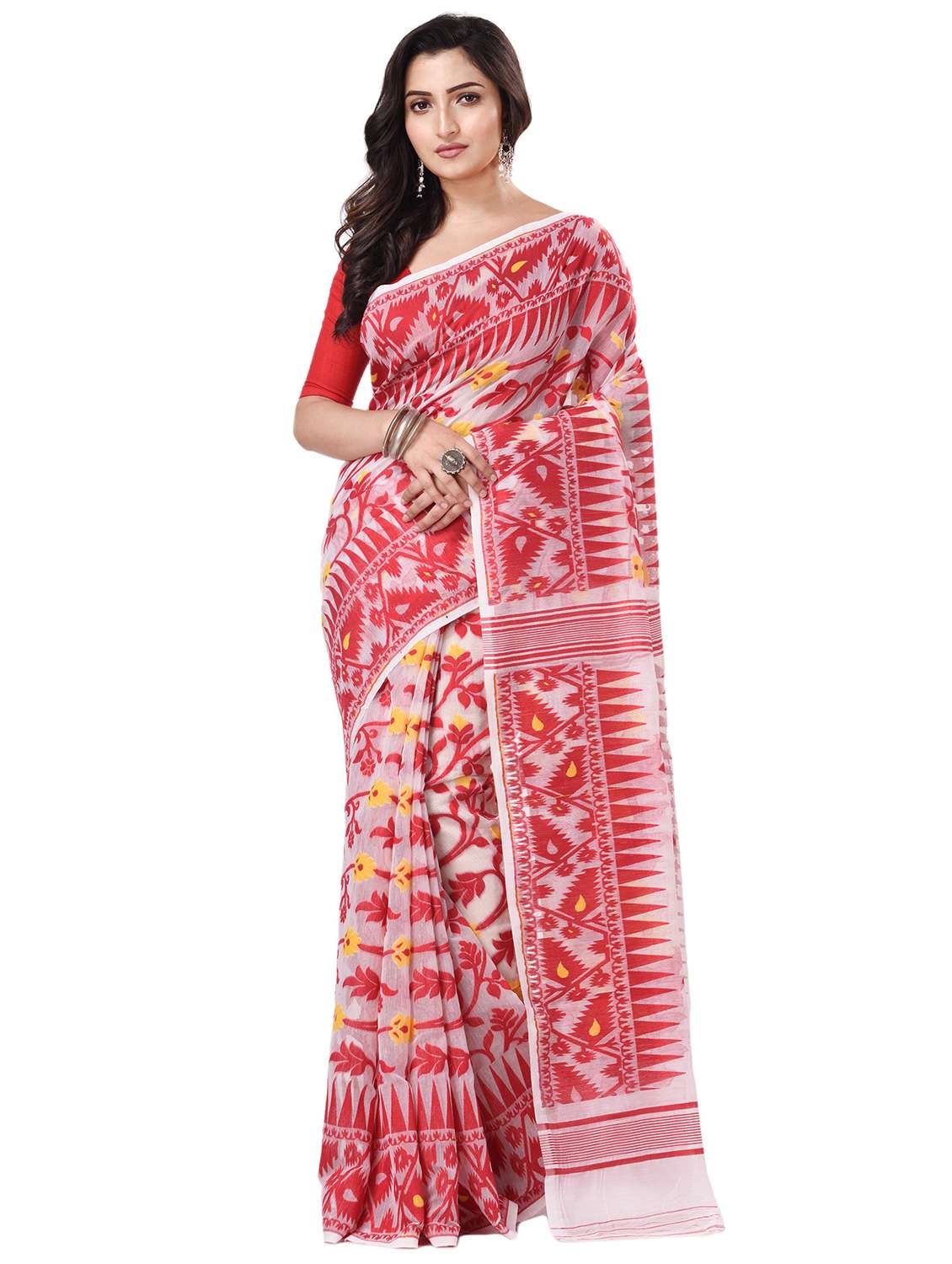 red cotton jamdani saree with blouse