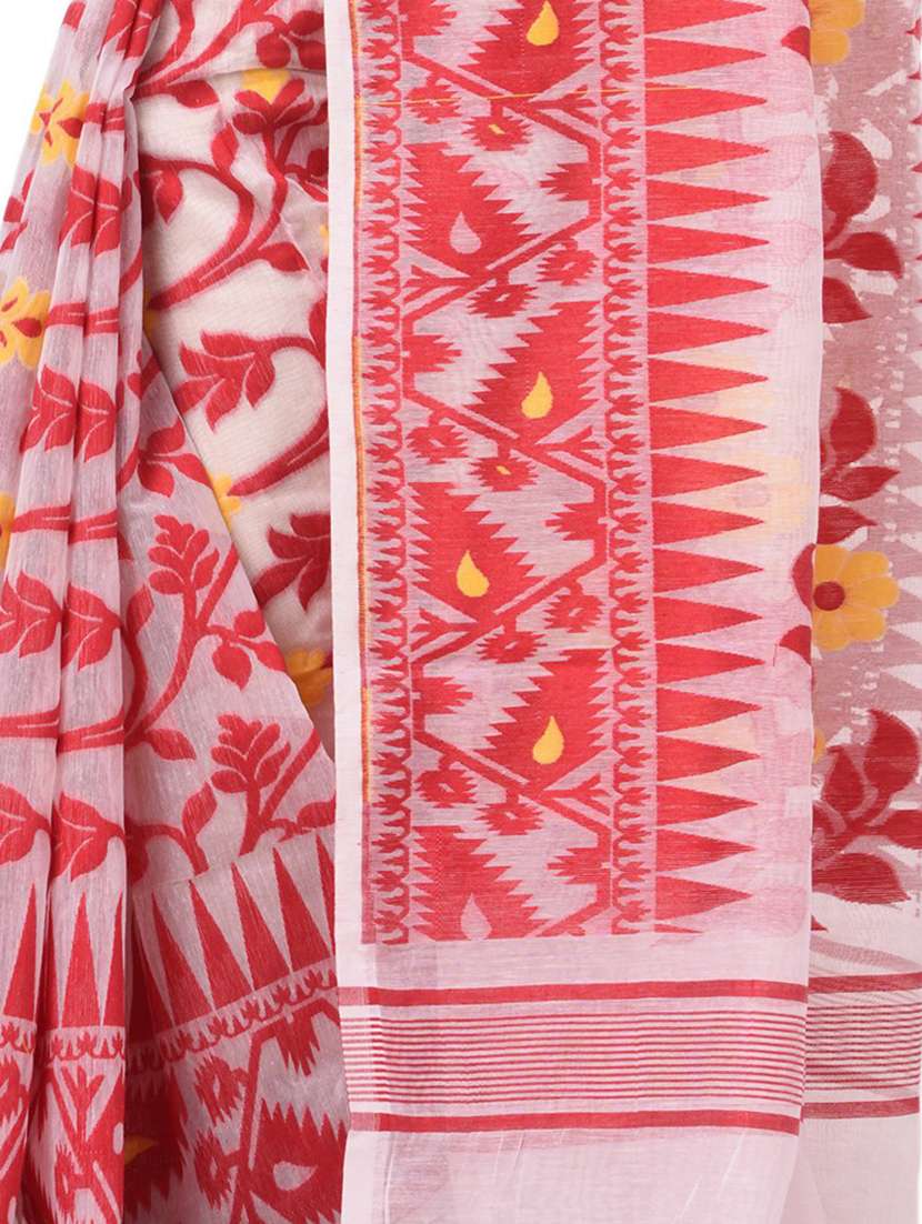 red cotton jamdani saree with blouse - 20266356 -  Standard Image - 2