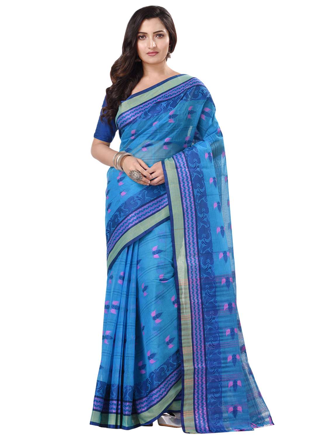 women's self design blue colored saree with blouse
