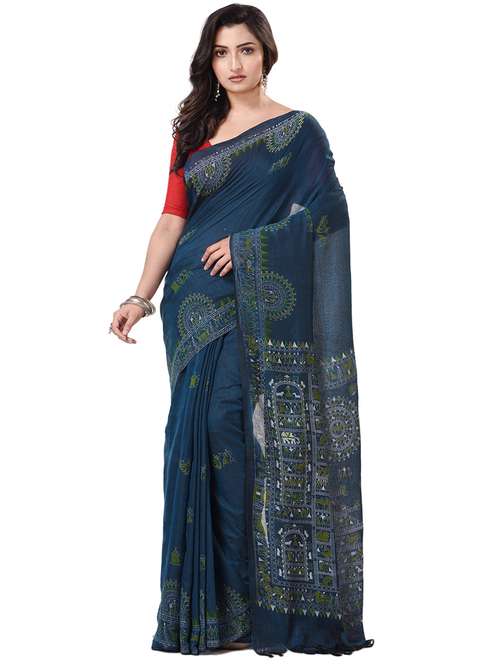 women's printed navy blue colored saree with blouse - 20266392 -  Standard Image - 0
