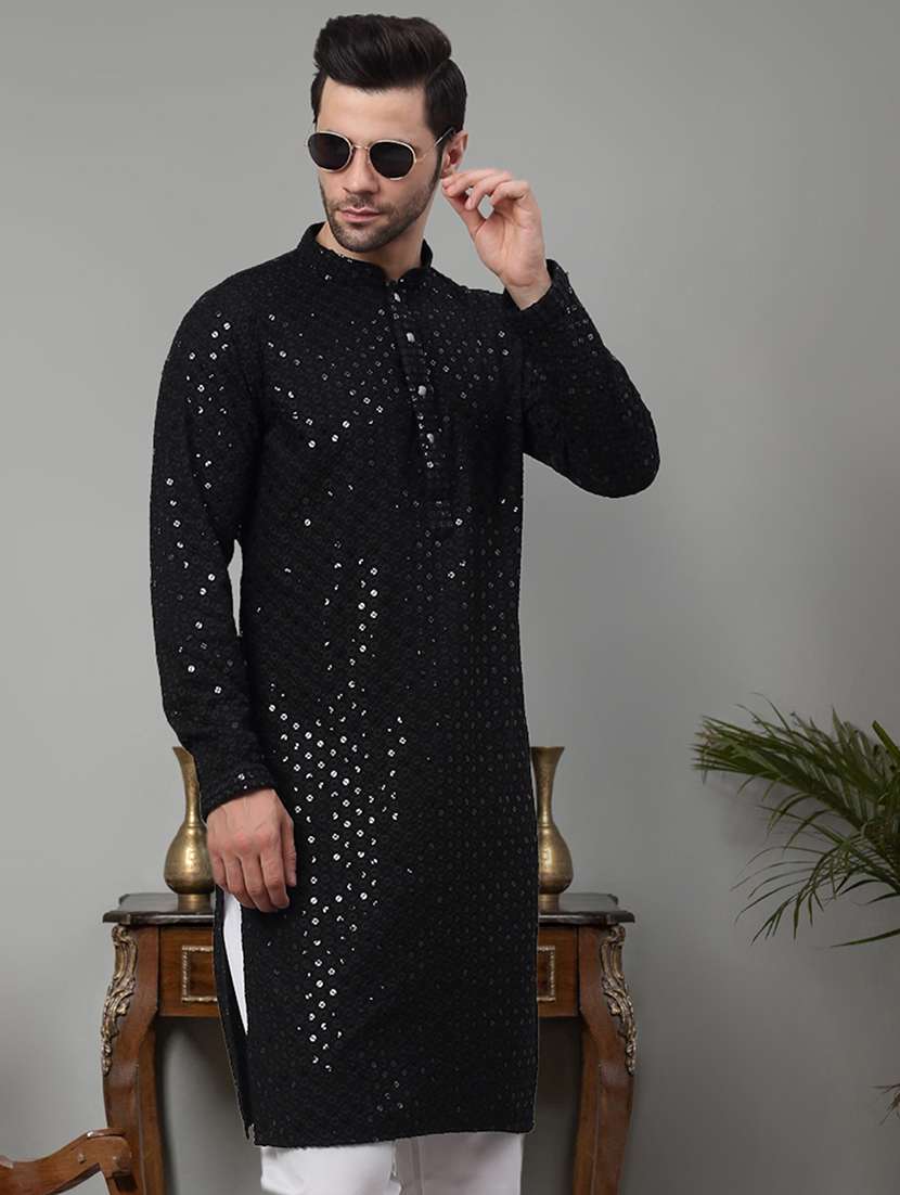 men black embroidered sequin cotton long kurta
