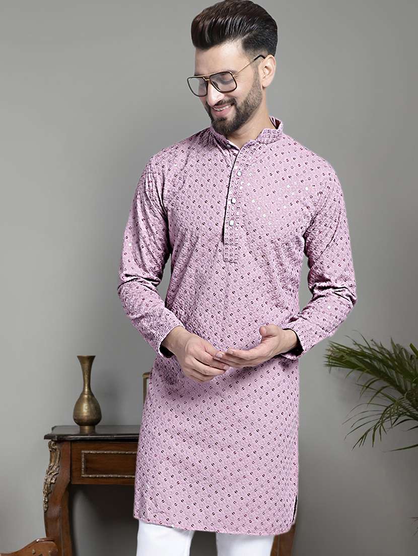 men lilac embroidered sequin cotton long kurta