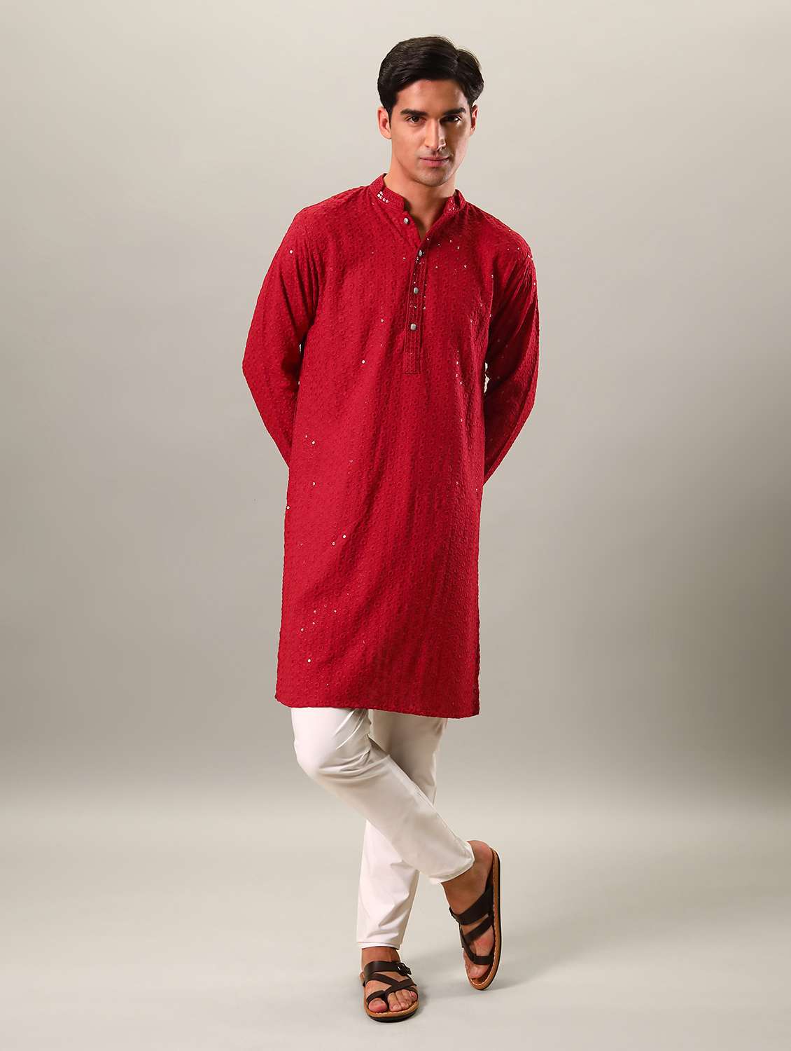 men red embroidered sequin cotton long kurta