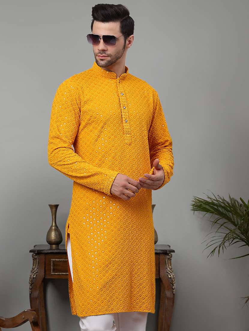 men yellow embroidered sequin cotton long kurta