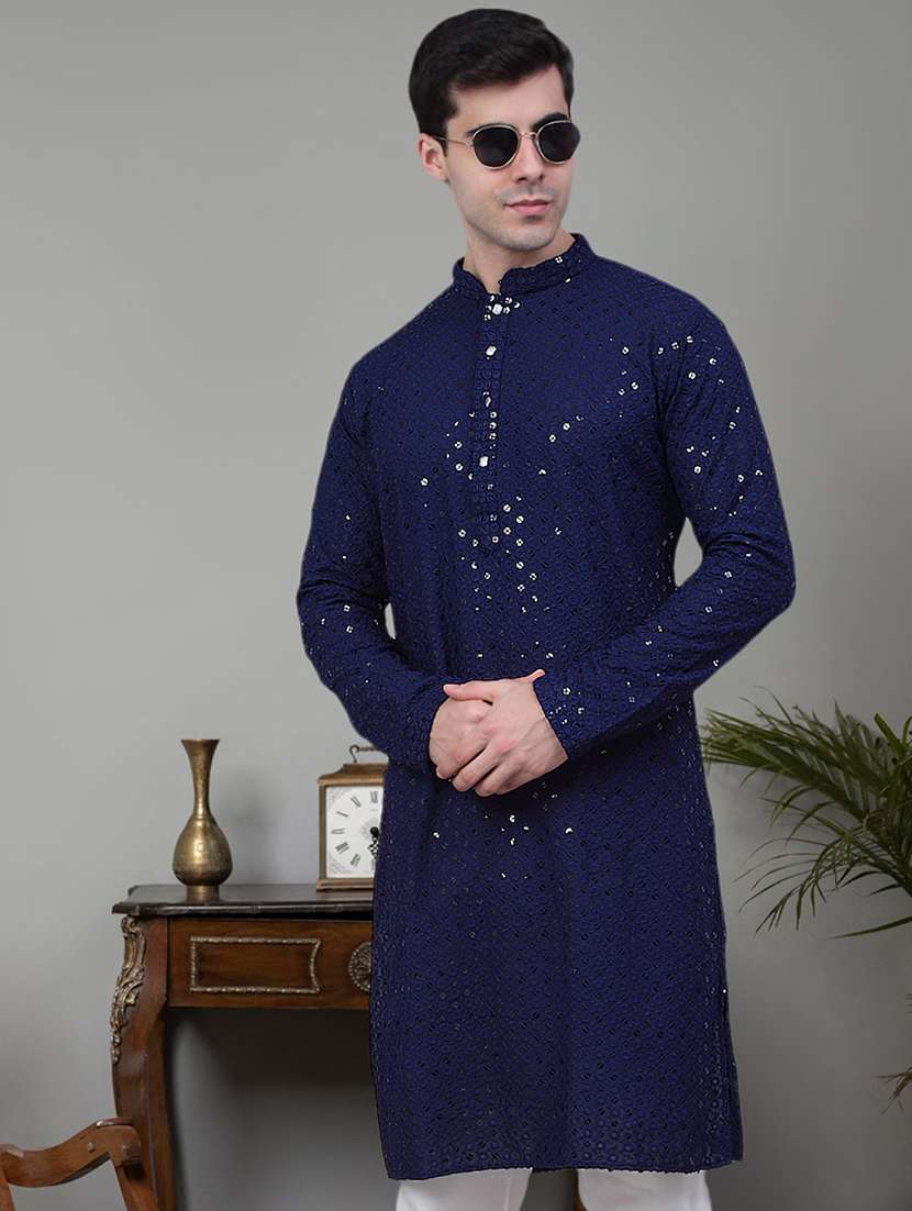 men navy blue embroidered sequin cotton long kurta