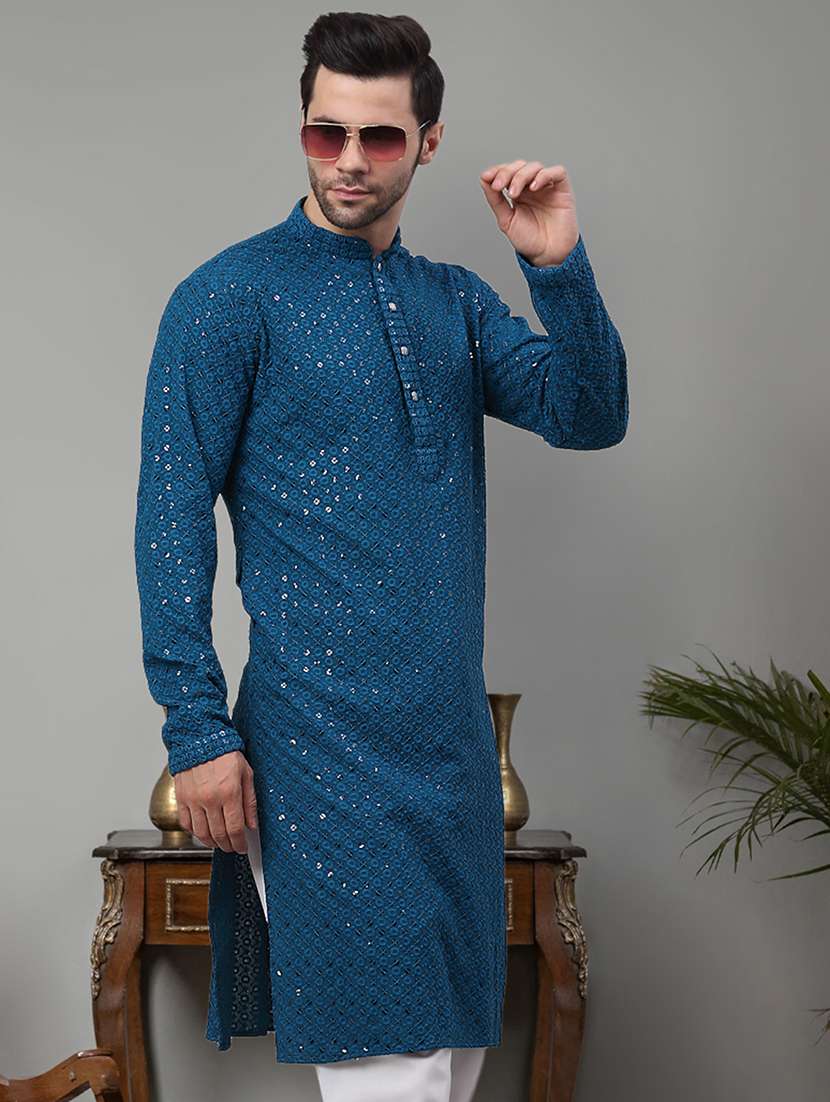 men tal blue embroidered sequin cotton long kurta