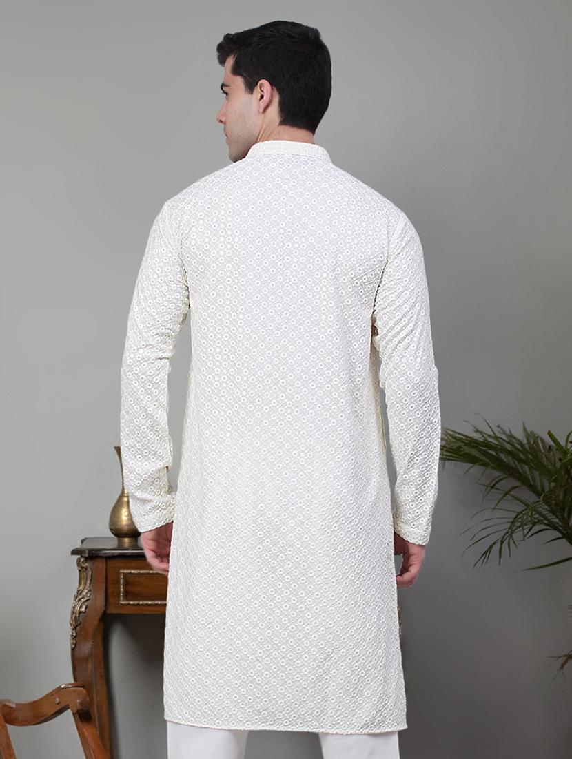 men white embroidered sequin cotton long kurta - 20267138 - Standard Image - 2