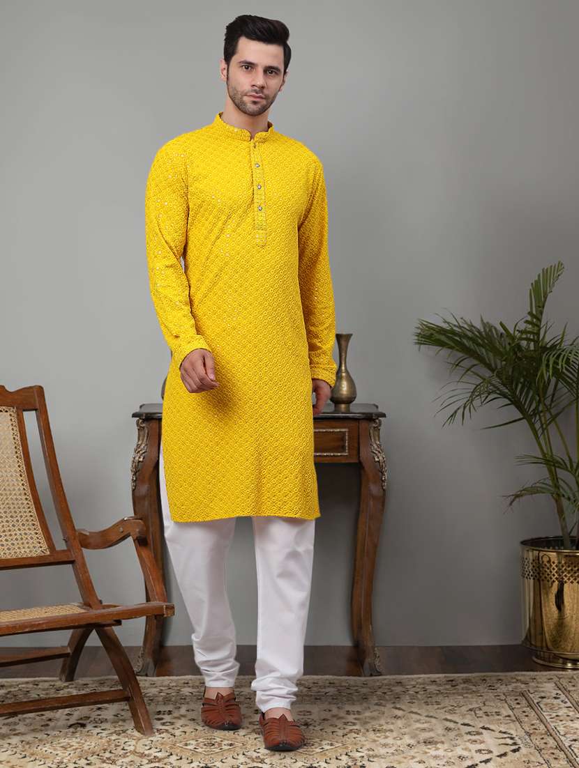men sequin embroidered kurta churidar ethnic wear set