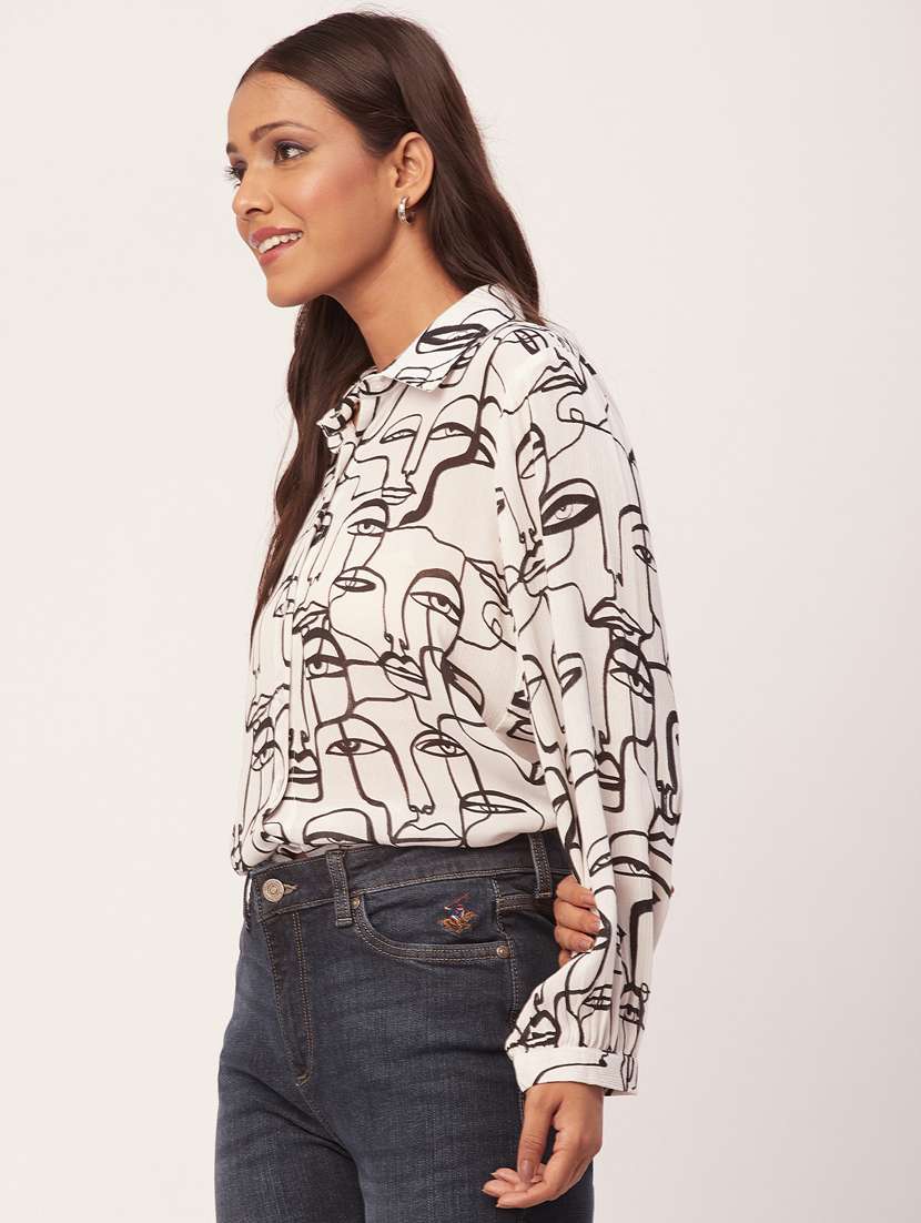 white abstract printed shirt collar regular top - 20271557 - Standard Image - 2