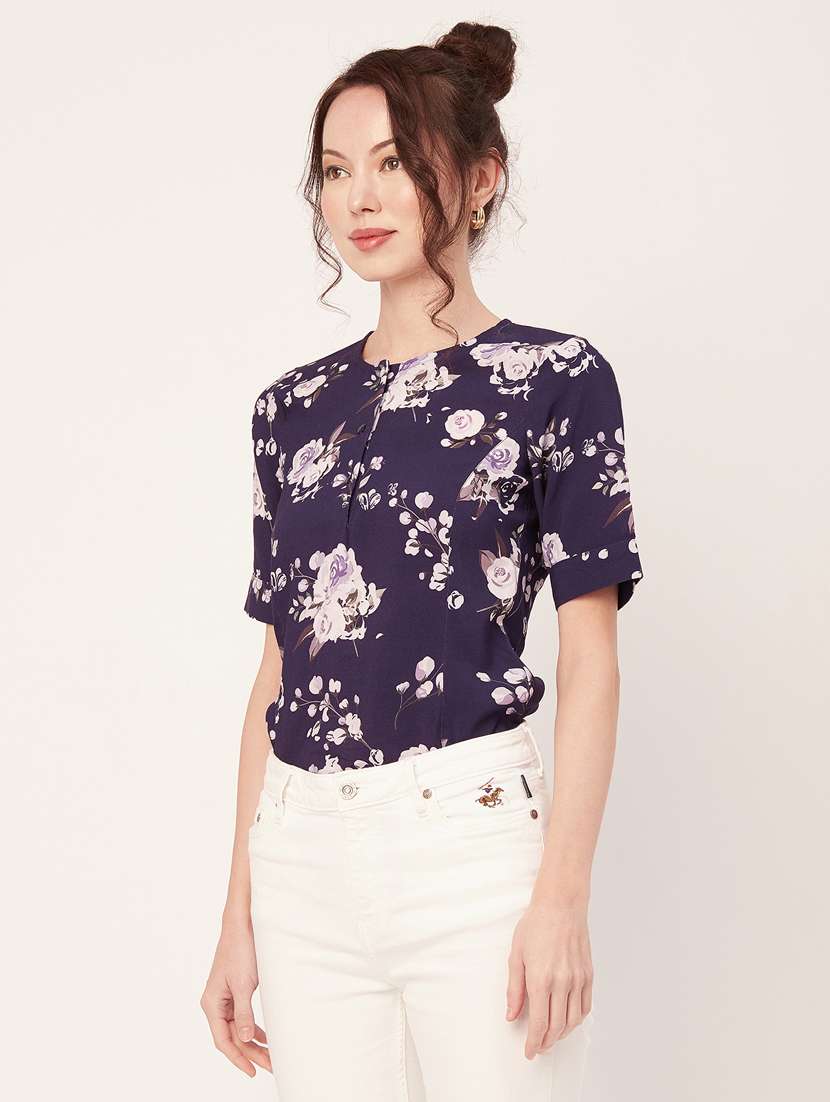 purple florals printed round neck regular top - 20271631 -  Standard Image - 2
