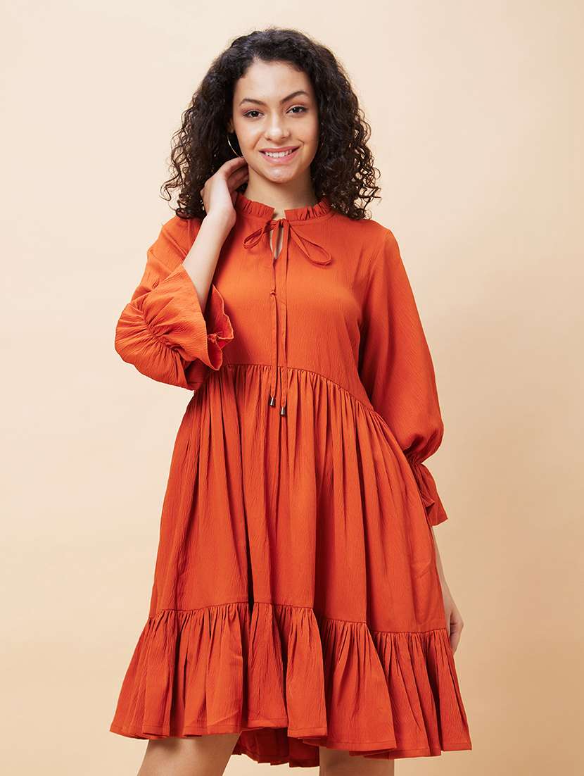 rust solid tiered dress