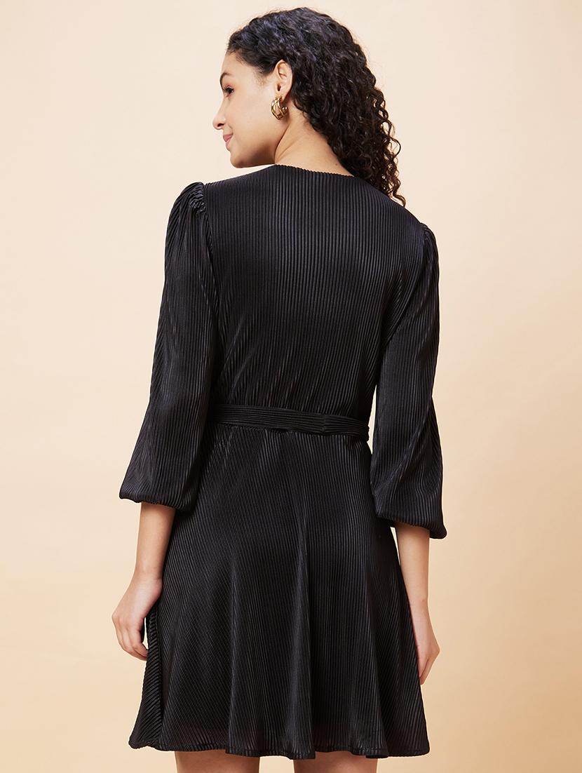 globus women black wrap neck bishop sleeves accordion pleated belted a-line dress - 20271691 - Standard Image - 2
