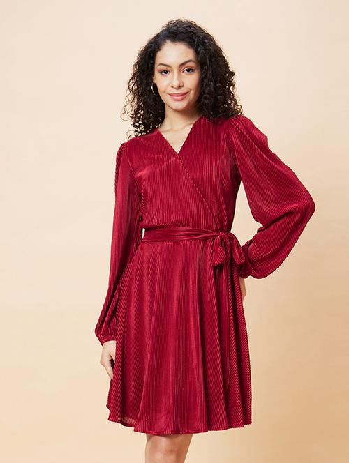 globus women wine wrap neck bishop sleeves accordion pleated belted a-line dress - 20271697 - Standard Image - 0