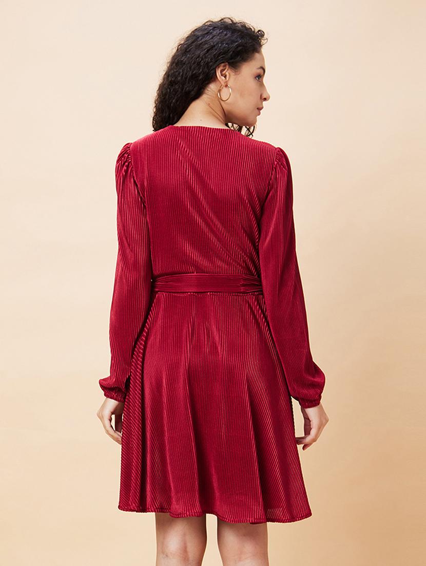 globus women wine wrap neck bishop sleeves accordion pleated belted a-line dress - 20271697 - Standard Image - 2