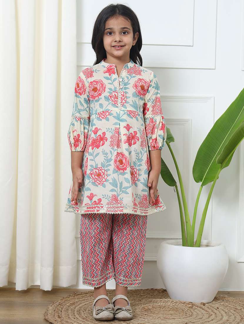 girl floral print cotton kurta palazzo set