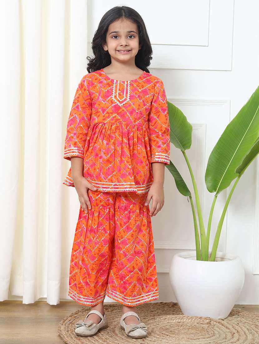 girl bandhani print cotton kurta sharara set