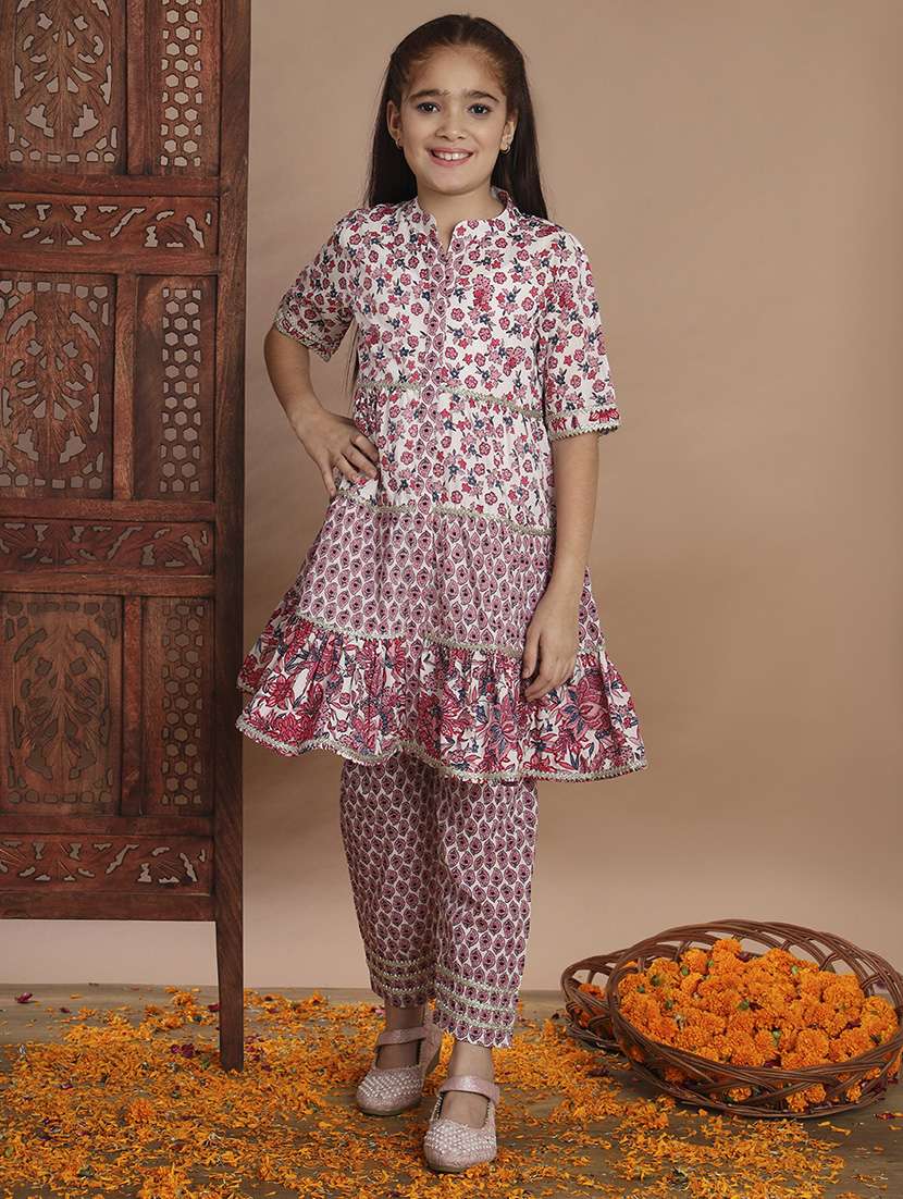 girl floral print cotton kurta pant set