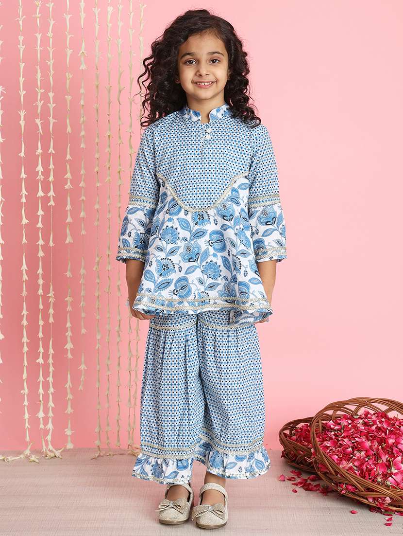 girl floral print cotton kurta sharara set