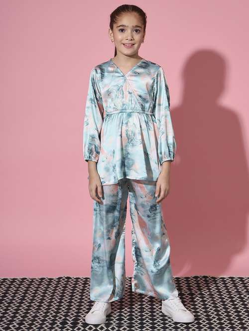 Girls Peplum Style Satin Silk Fabric Green Color Co Ord Set