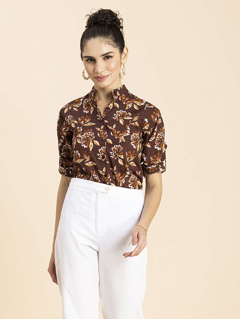 brown florals printed regular shirt - 20272048 -  Standard Image - 2