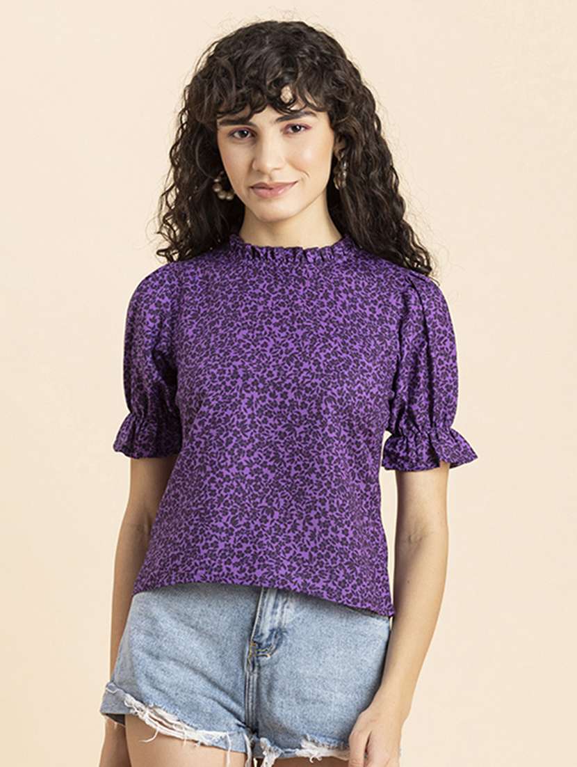 purple florals printed regular top