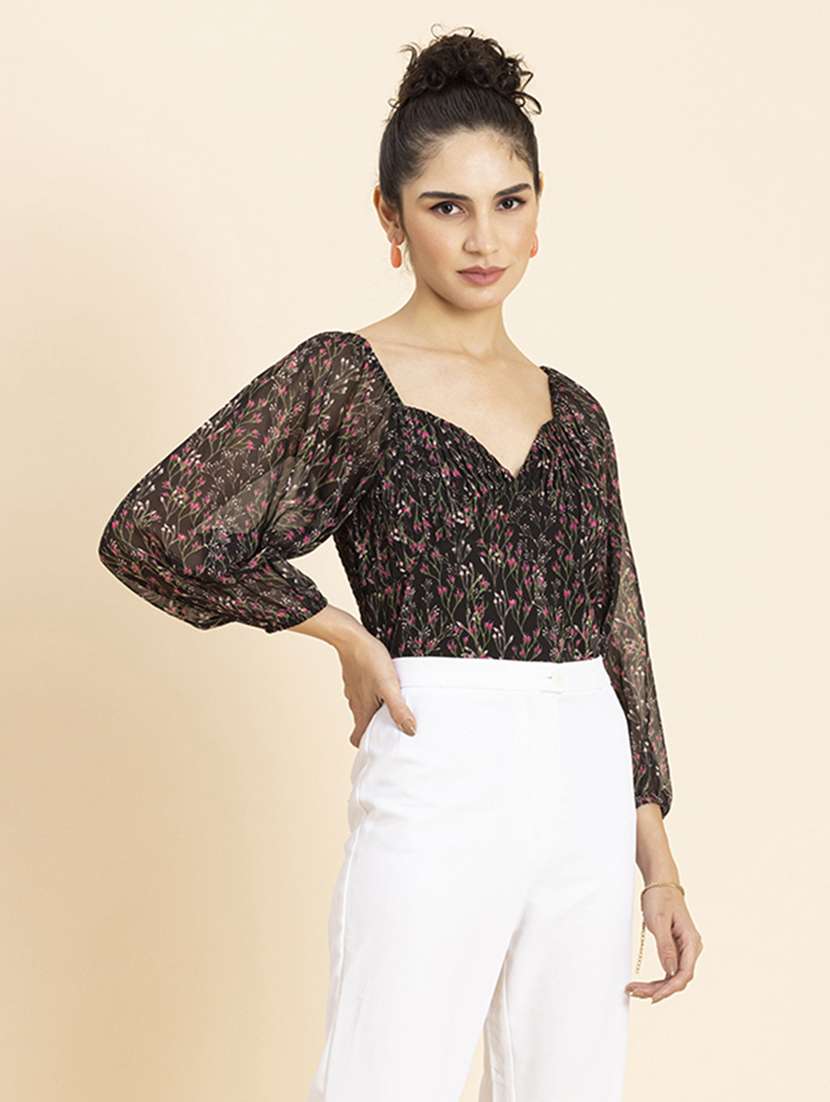 black florals printed regular top - 20272072 -  Standard Image - 2