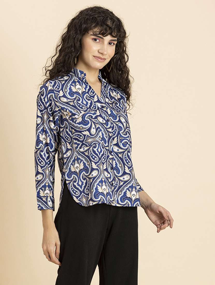 blue paisely printed mandarin neck regular shirt - 20272098 -  Standard Image - 2