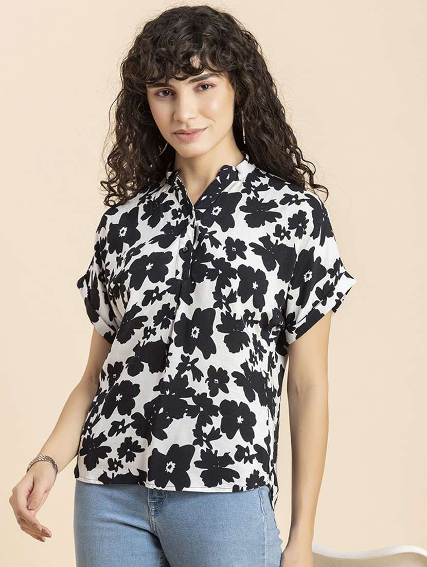 white florals printed mandarin neck regular top