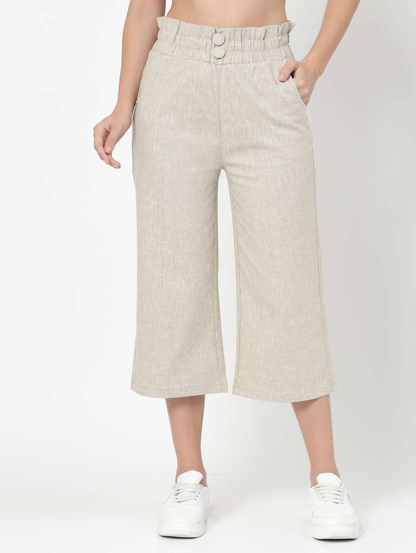 beige solid high rise crop pants 
